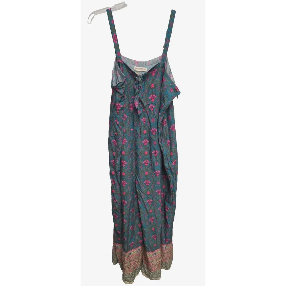NWT‎ NATURAL LIFE Jumpsuit XL Wide Leg Floral Teal Boho Tie Front Adjust Straps